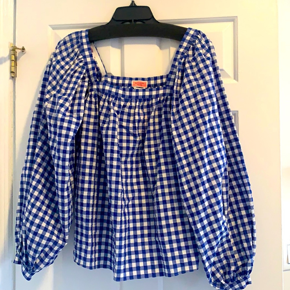 Kate spade blue gingham square neck puff sleeve blouse